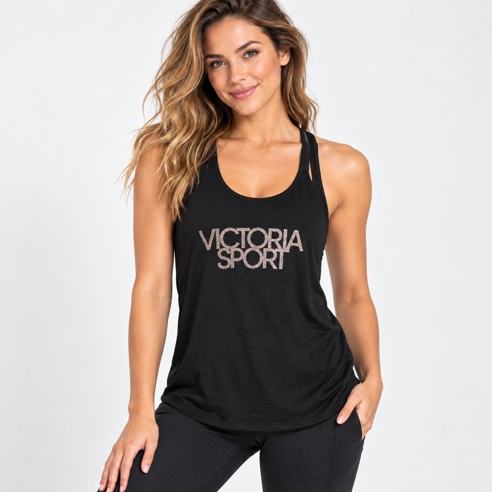 Victorias Secret Sport VSX Womens XS Black Racerback Tank Top Glitter Logo